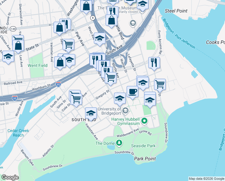 map of restaurants, bars, coffee shops, grocery stores, and more near in Bridgeport