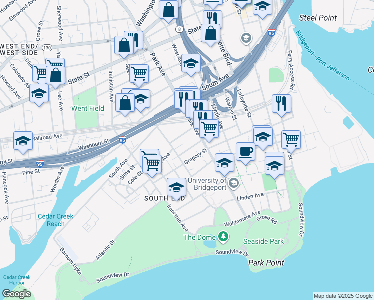 map of restaurants, bars, coffee shops, grocery stores, and more near 45 Park Terrace in Bridgeport