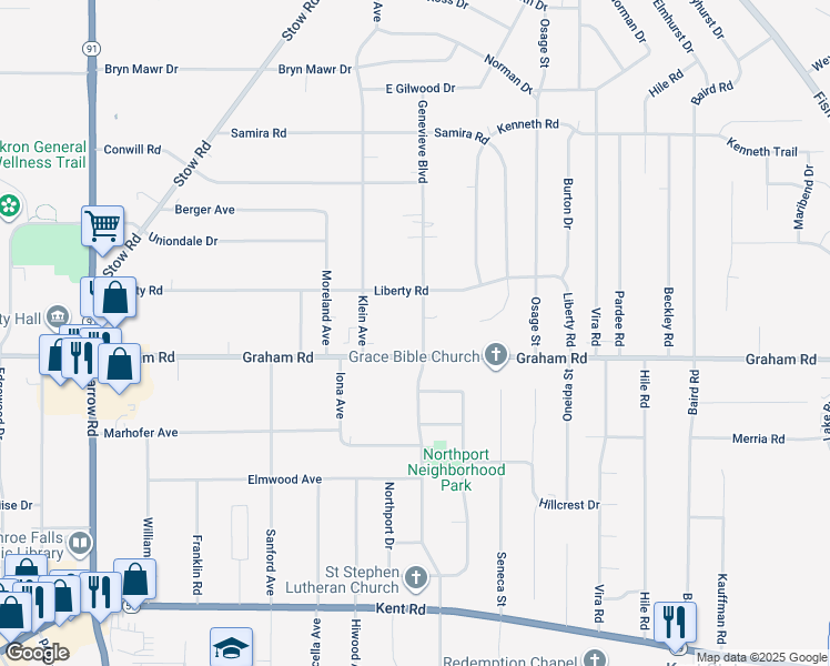 map of restaurants, bars, coffee shops, grocery stores, and more near 3864 Genevieve Boulevard in Stow