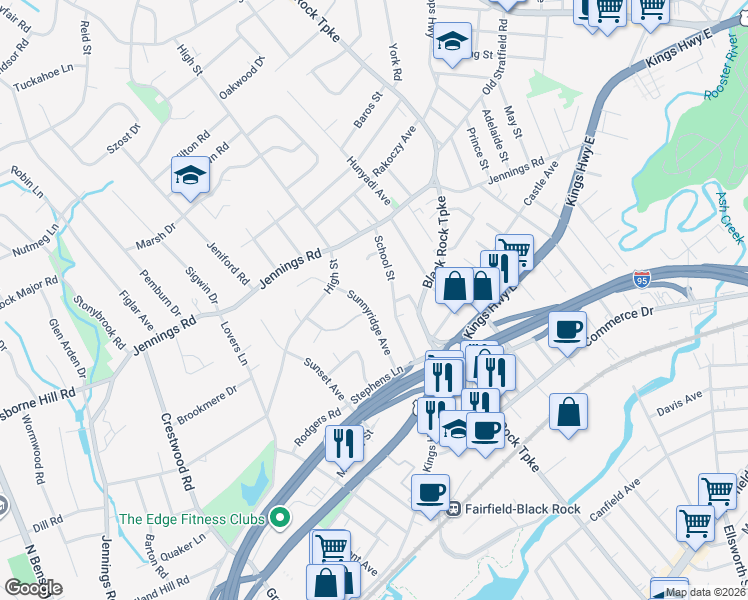 map of restaurants, bars, coffee shops, grocery stores, and more near 240 Sunnyridge Avenue in Fairfield