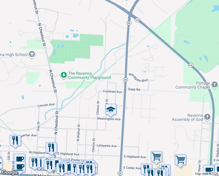 map of restaurants, bars, coffee shops, grocery stores, and more near 733 Summit Street in Ravenna