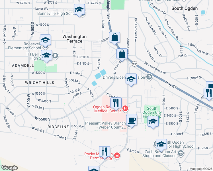 map of restaurants, bars, coffee shops, grocery stores, and more near 374 East 5450 South in Washington Terrace