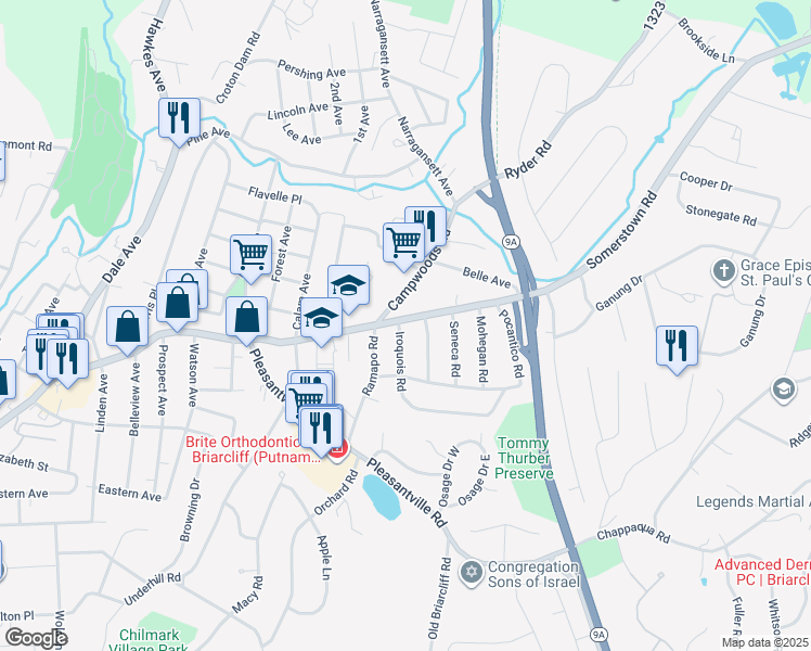 map of restaurants, bars, coffee shops, grocery stores, and more near 1 Iroquois Road in Ossining