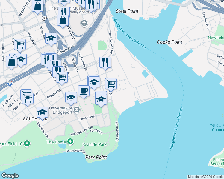 map of restaurants, bars, coffee shops, grocery stores, and more near 196 Main Street in Bridgeport