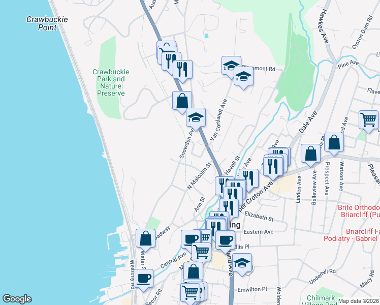 map of restaurants, bars, coffee shops, grocery stores, and more near 31 Montgomery Street in Ossining