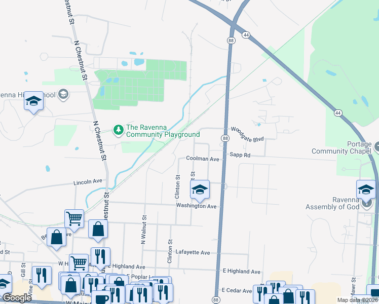 map of restaurants, bars, coffee shops, grocery stores, and more near 733 Summit St in Ravenna