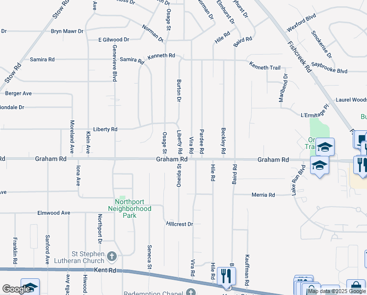 map of restaurants, bars, coffee shops, grocery stores, and more near 2447 Liberty Road in Stow