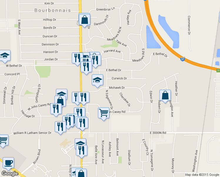 map of restaurants, bars, coffee shops, grocery stores, and more near 202 Mohawk Drive in Bourbonnais
