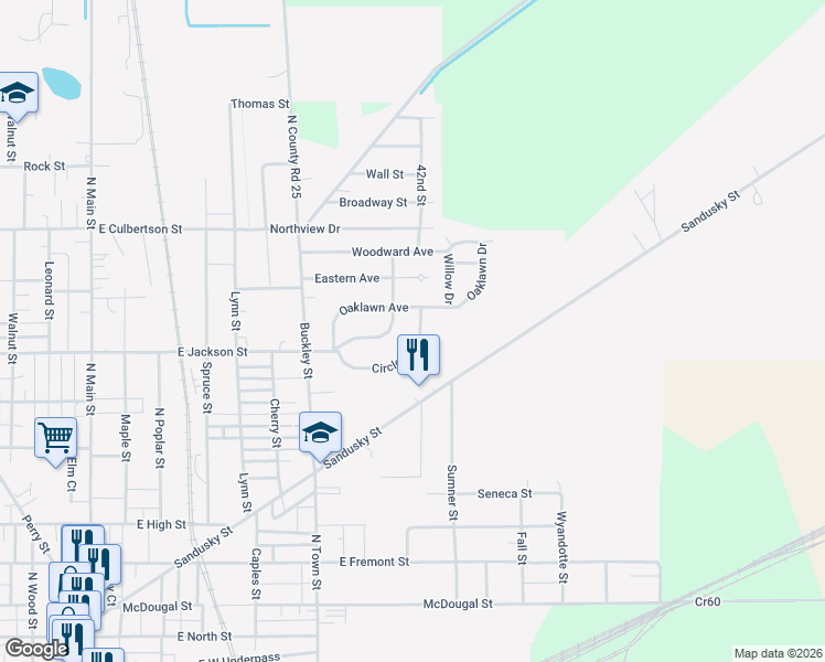 map of restaurants, bars, coffee shops, grocery stores, and more near 748 Circle Drive in Fostoria