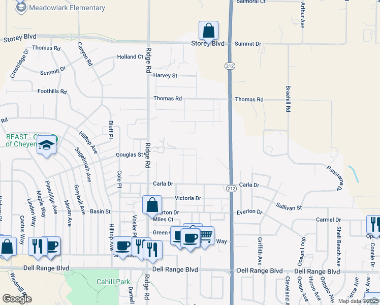 map of restaurants, bars, coffee shops, grocery stores, and more near 3612 Carla Drive in Cheyenne