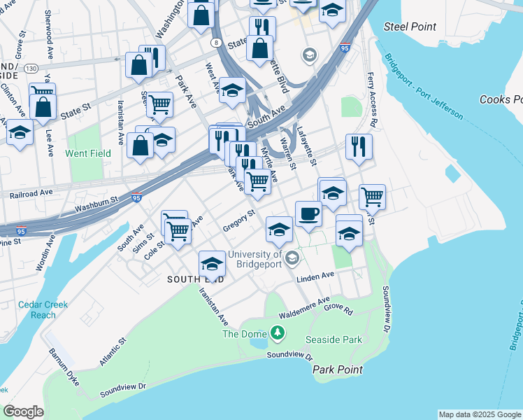 map of restaurants, bars, coffee shops, grocery stores, and more near 360 Park Avenue in Bridgeport