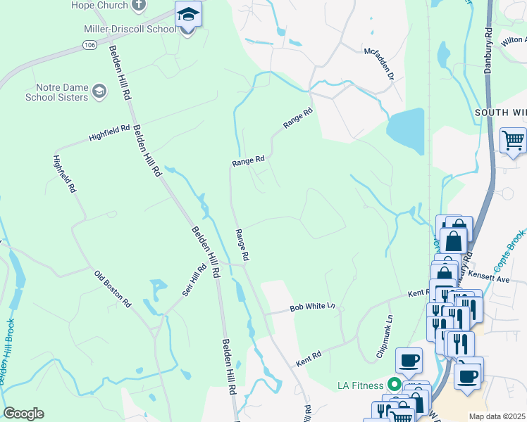 map of restaurants, bars, coffee shops, grocery stores, and more near 6 Valeview Road in Wilton
