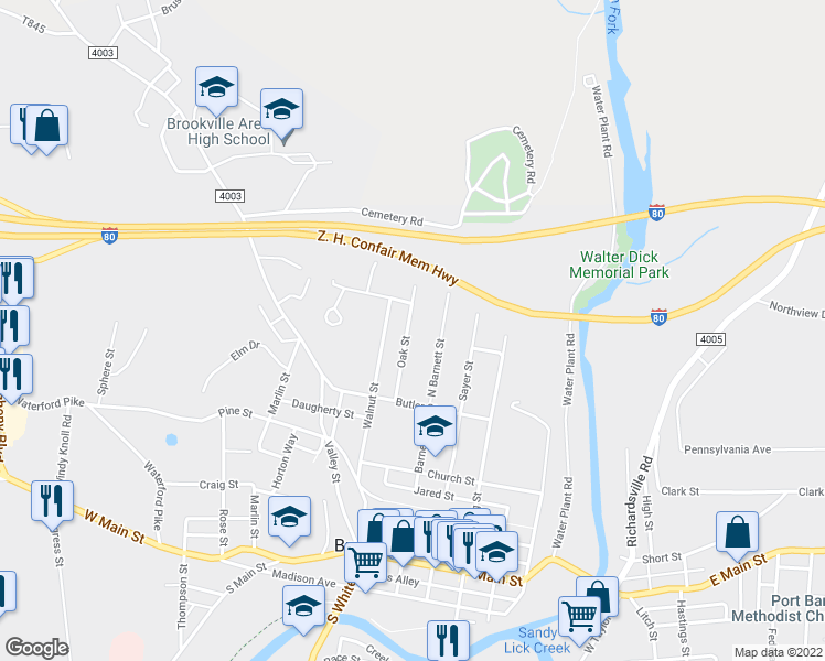 map of restaurants, bars, coffee shops, grocery stores, and more near 60 Oak Street in Brookville