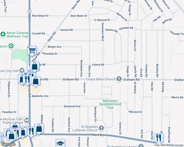 map of restaurants, bars, coffee shops, grocery stores, and more near 3861 Klein Avenue in Stow