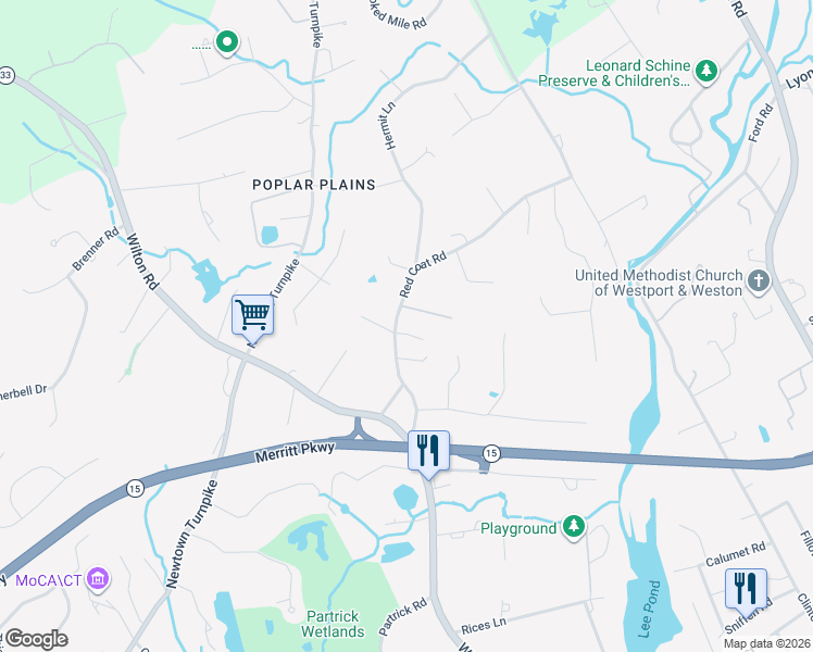 map of restaurants, bars, coffee shops, grocery stores, and more near 4 Winker Lane in Westport