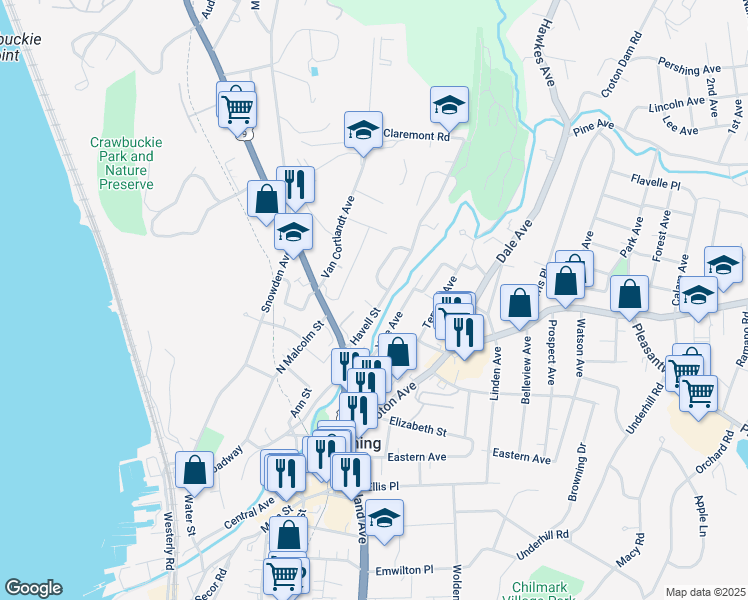 map of restaurants, bars, coffee shops, grocery stores, and more near 33 Havell Street in Ossining