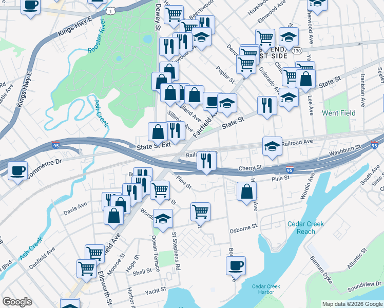 map of restaurants, bars, coffee shops, grocery stores, and more near 1645 Railroad Avenue in Bridgeport