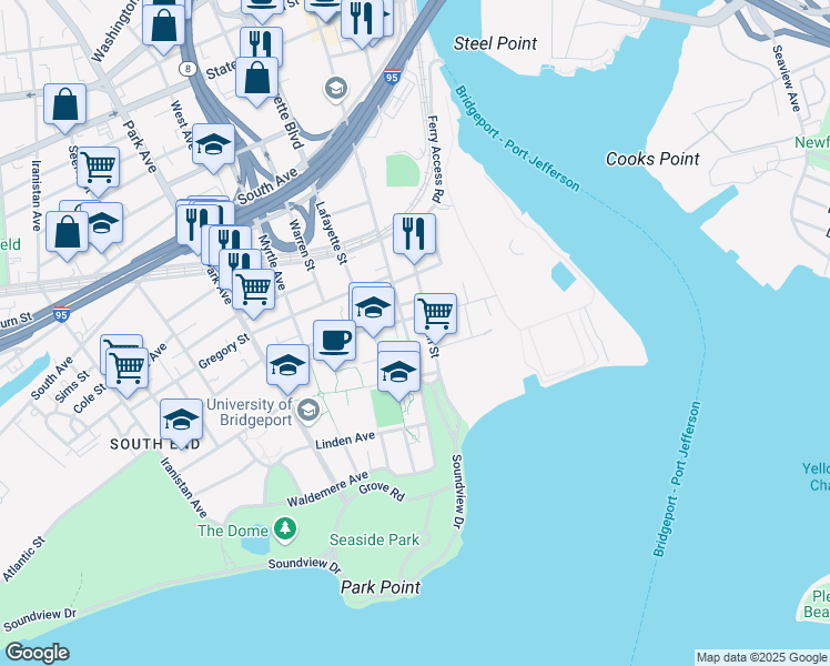 map of restaurants, bars, coffee shops, grocery stores, and more near 282 Broad Street in Bridgeport