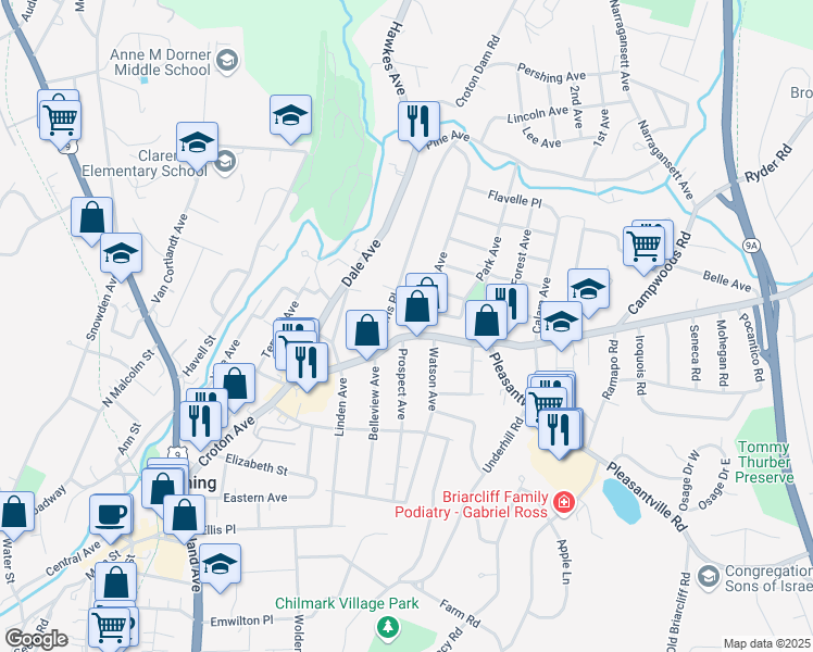map of restaurants, bars, coffee shops, grocery stores, and more near 135 Croton Avenue in Ossining