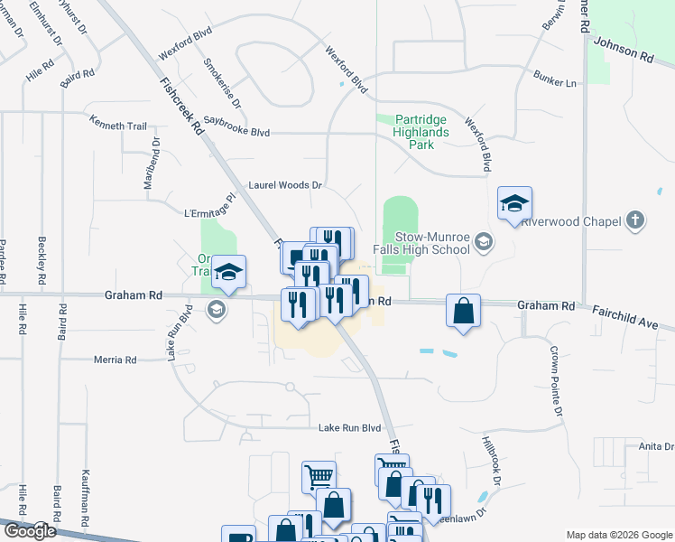 map of restaurants, bars, coffee shops, grocery stores, and more near 3063 Graham Road in Stow