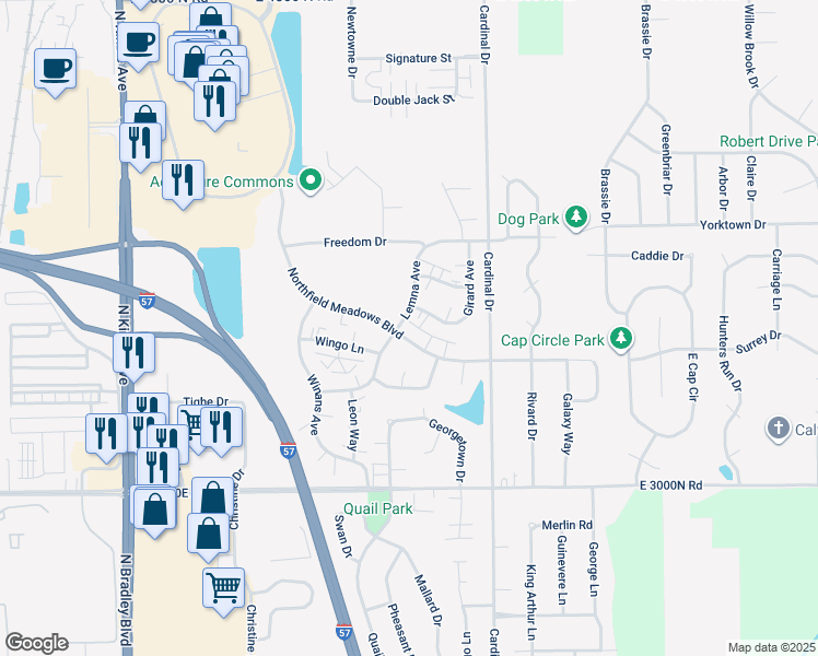 map of restaurants, bars, coffee shops, grocery stores, and more near 1495 Northfield Meadows Boulevard in Bourbonnais