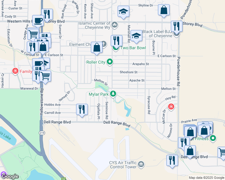 map of restaurants, bars, coffee shops, grocery stores, and more near 701 Melton Street in Cheyenne