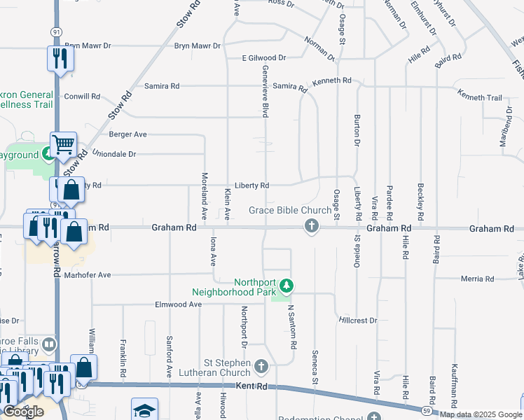 map of restaurants, bars, coffee shops, grocery stores, and more near 3864 Genevieve Boulevard in Stow