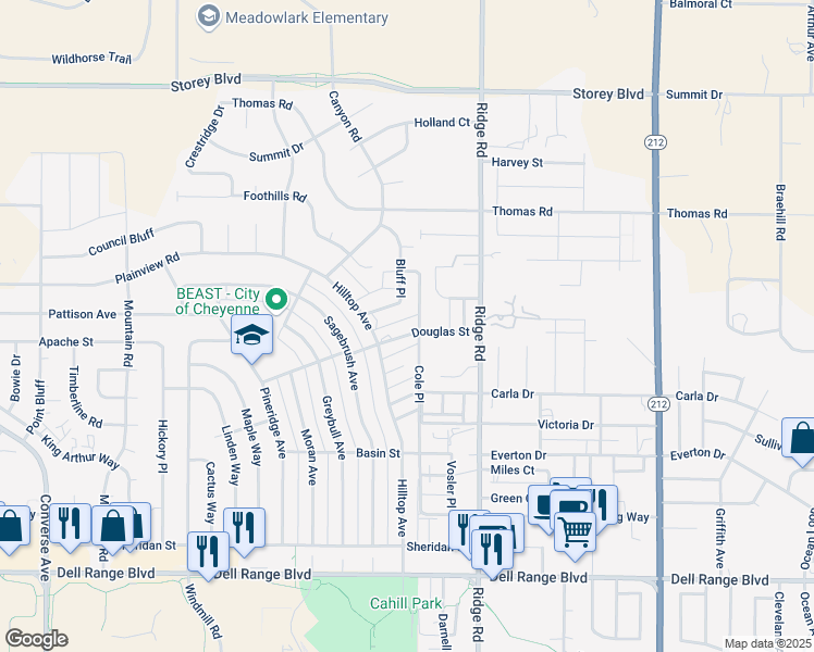map of restaurants, bars, coffee shops, grocery stores, and more near Cole Pl in Cheyenne