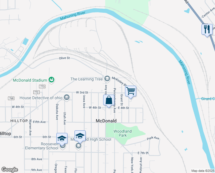 map of restaurants, bars, coffee shops, grocery stores, and more near 237 Ohio Avenue in McDonald