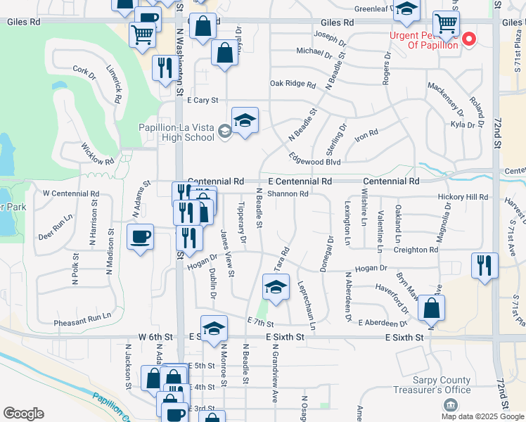 map of restaurants, bars, coffee shops, grocery stores, and more near 819 North Beadle Street in Papillion