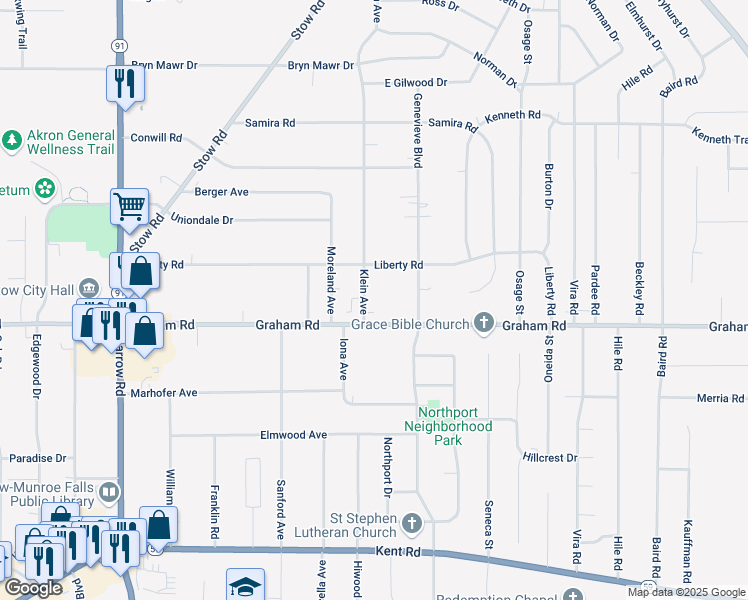 map of restaurants, bars, coffee shops, grocery stores, and more near 3861 Klein Avenue in Stow