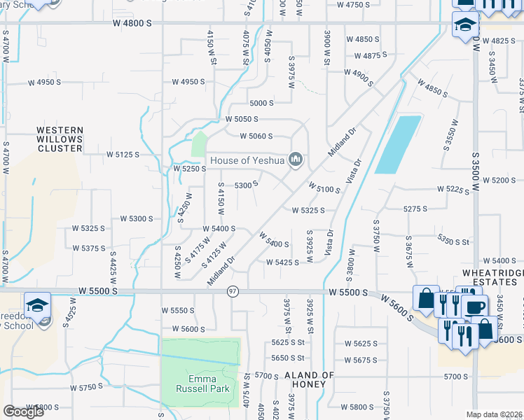 map of restaurants, bars, coffee shops, grocery stores, and more near 5322 South 4050 West in Roy