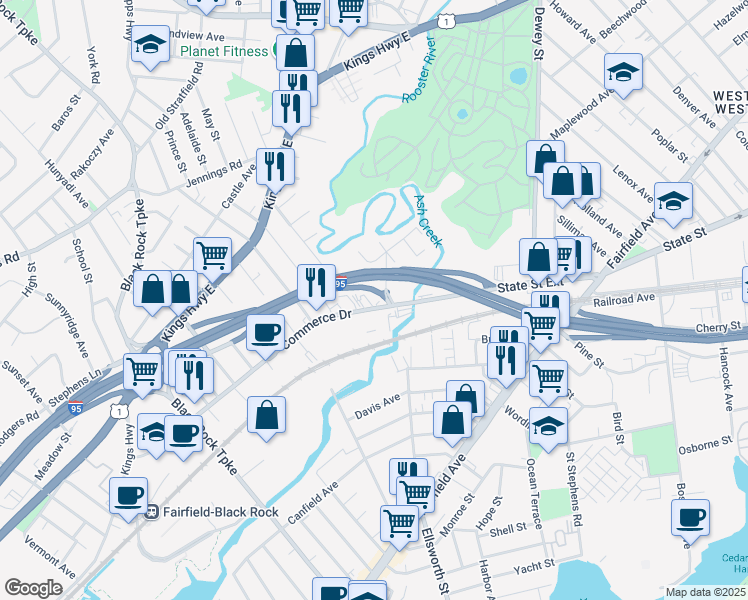 map of restaurants, bars, coffee shops, grocery stores, and more near 80 Commerce Drive in Fairfield