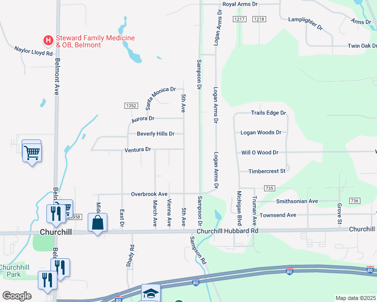 map of restaurants, bars, coffee shops, grocery stores, and more near 4799 5th Ave in Youngstown
