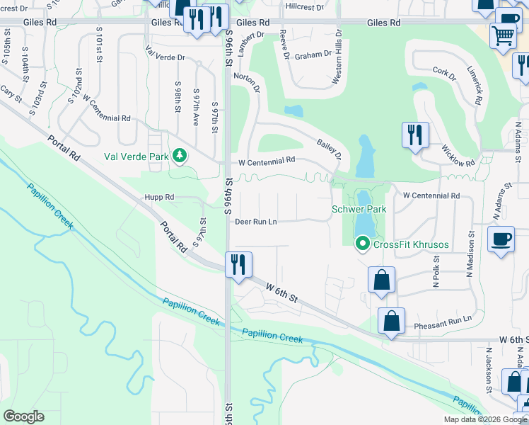 map of restaurants, bars, coffee shops, grocery stores, and more near 645 Reeves Circle in Papillion