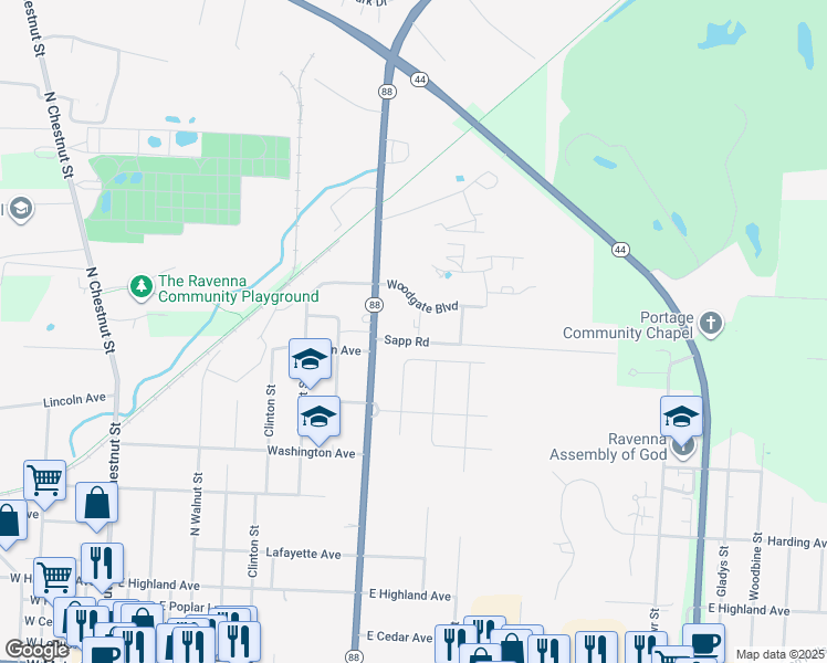 map of restaurants, bars, coffee shops, grocery stores, and more near 713 Sapp Road in Ravenna