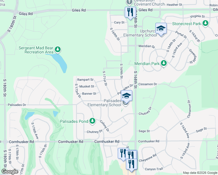 map of restaurants, bars, coffee shops, grocery stores, and more near 9219 South 171st Street in Omaha