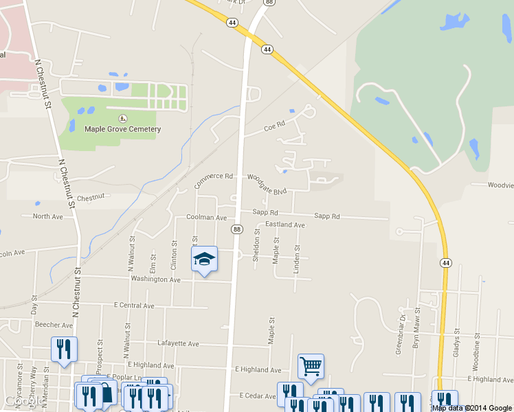 map of restaurants, bars, coffee shops, grocery stores, and more near 709 Sapp Road in Ravenna