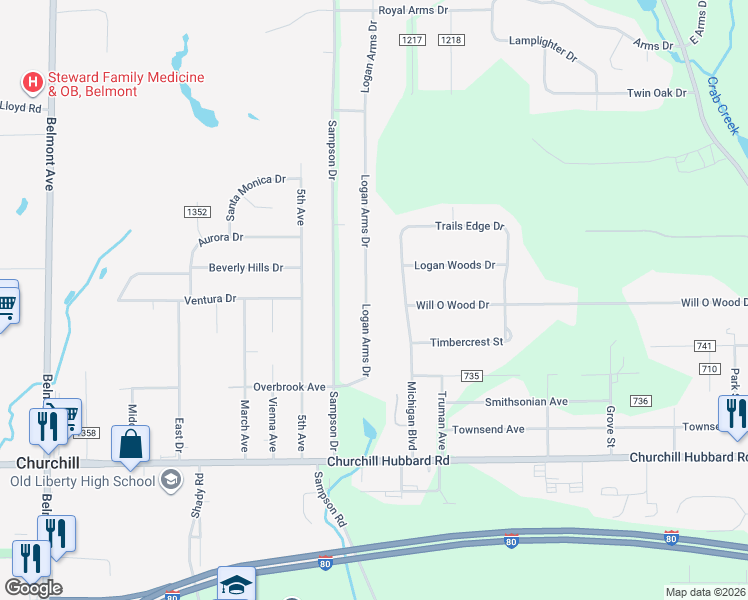 map of restaurants, bars, coffee shops, grocery stores, and more near 4759 Logan Arms Drive in Youngstown
