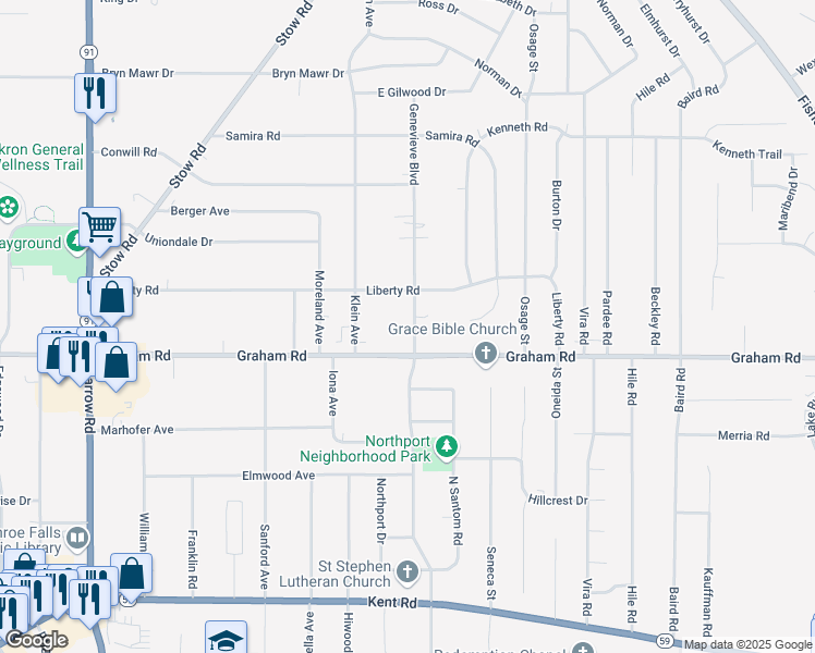 map of restaurants, bars, coffee shops, grocery stores, and more near 3878 Genevieve Boulevard in Stow