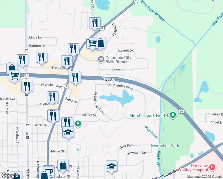 map of restaurants, bars, coffee shops, grocery stores, and more near 505 North Shore Court in Columbia City