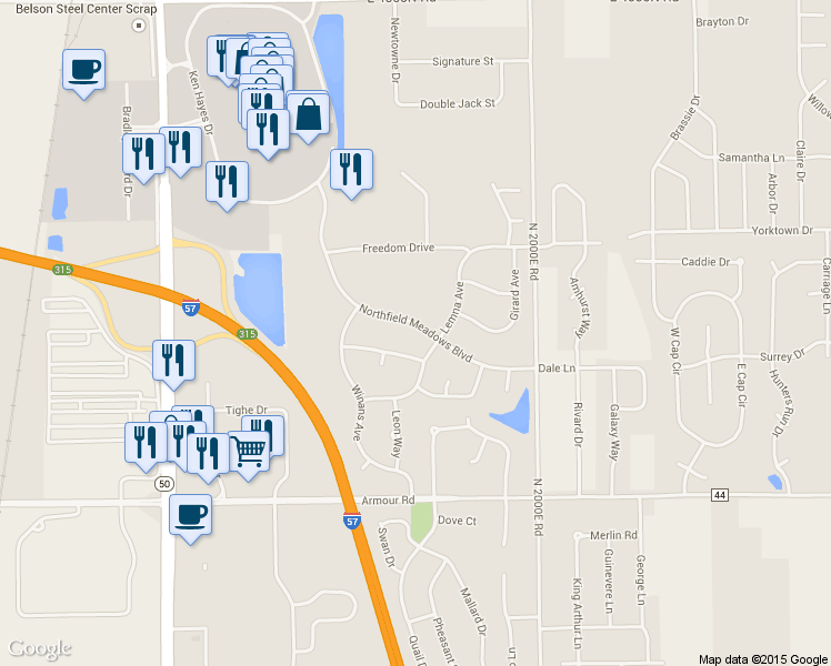 map of restaurants, bars, coffee shops, grocery stores, and more near 1510 Northfield Meadows Boulevard in Bourbonnais