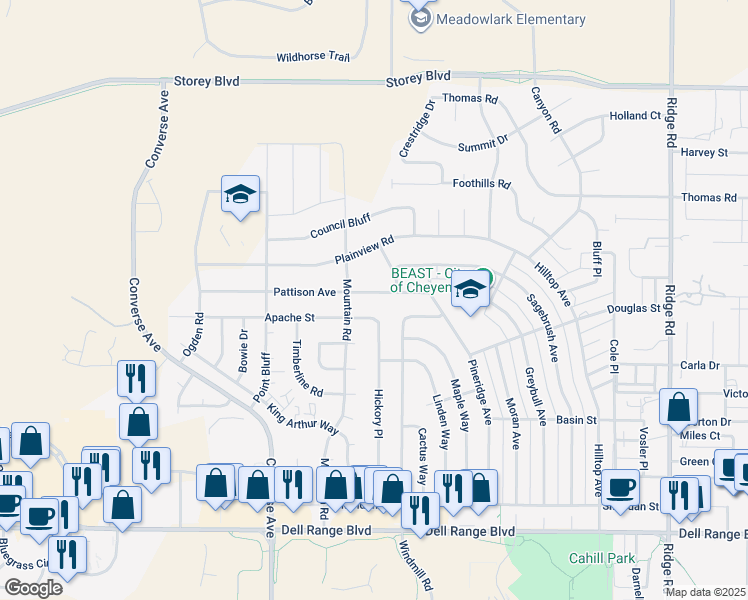 map of restaurants, bars, coffee shops, grocery stores, and more near 2419 Pattison Avenue in Cheyenne