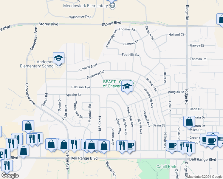 map of restaurants, bars, coffee shops, grocery stores, and more near 2519 Pattison Avenue in Cheyenne