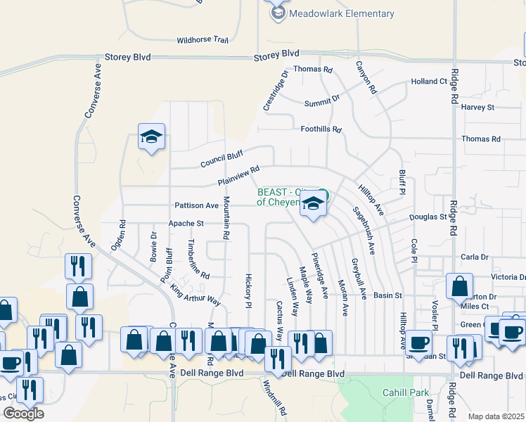 map of restaurants, bars, coffee shops, grocery stores, and more near 2519 Pattison Avenue in Cheyenne