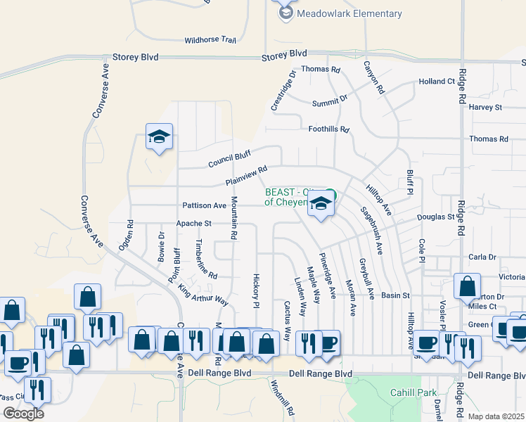 map of restaurants, bars, coffee shops, grocery stores, and more near 2419 Pattison Avenue in Cheyenne