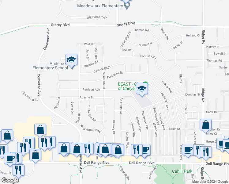 map of restaurants, bars, coffee shops, grocery stores, and more near 2419 Pattison Avenue in Cheyenne