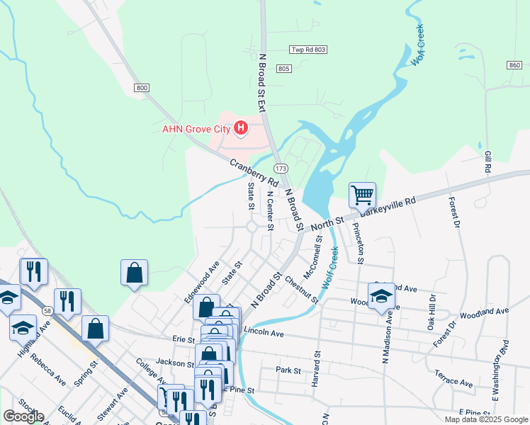 map of restaurants, bars, coffee shops, grocery stores, and more near 513 North Center Street in Grove City
