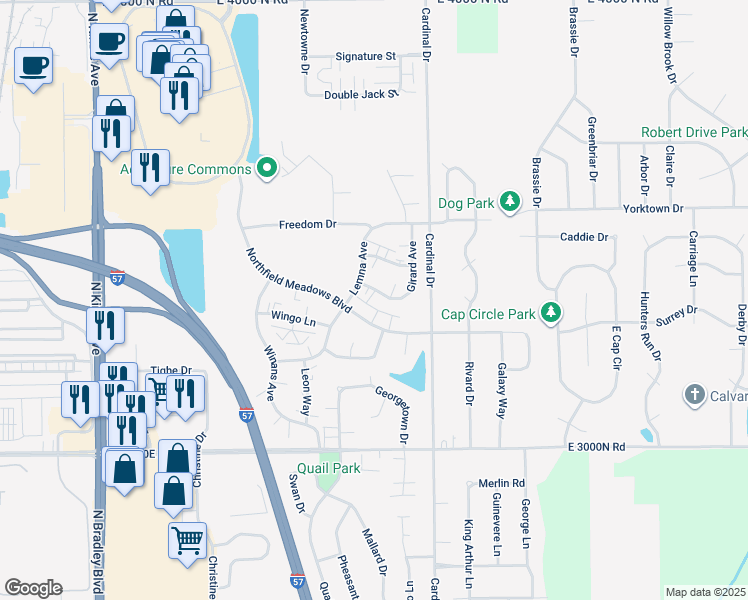 map of restaurants, bars, coffee shops, grocery stores, and more near 1495 Northfield Meadows Boulevard in Bourbonnais