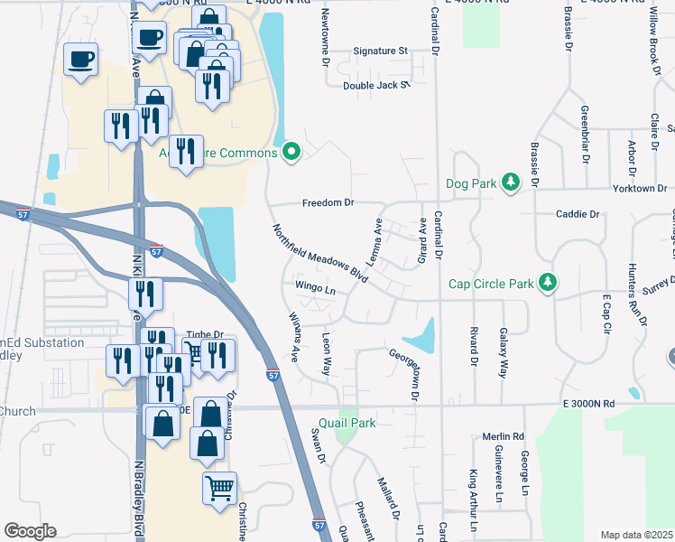 map of restaurants, bars, coffee shops, grocery stores, and more near 1510 Northfield Meadows Boulevard in Bourbonnais